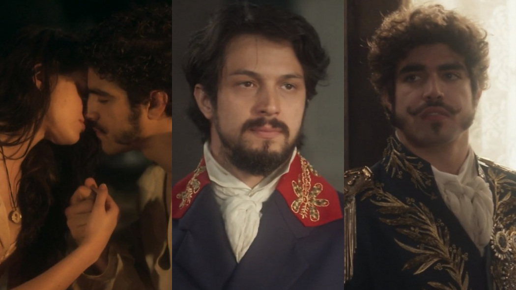 Domitila (Agatha Moreira), Dom Pedro (Caio Castro) e Chalaça (Romulo Estrela) de Novo Mundo