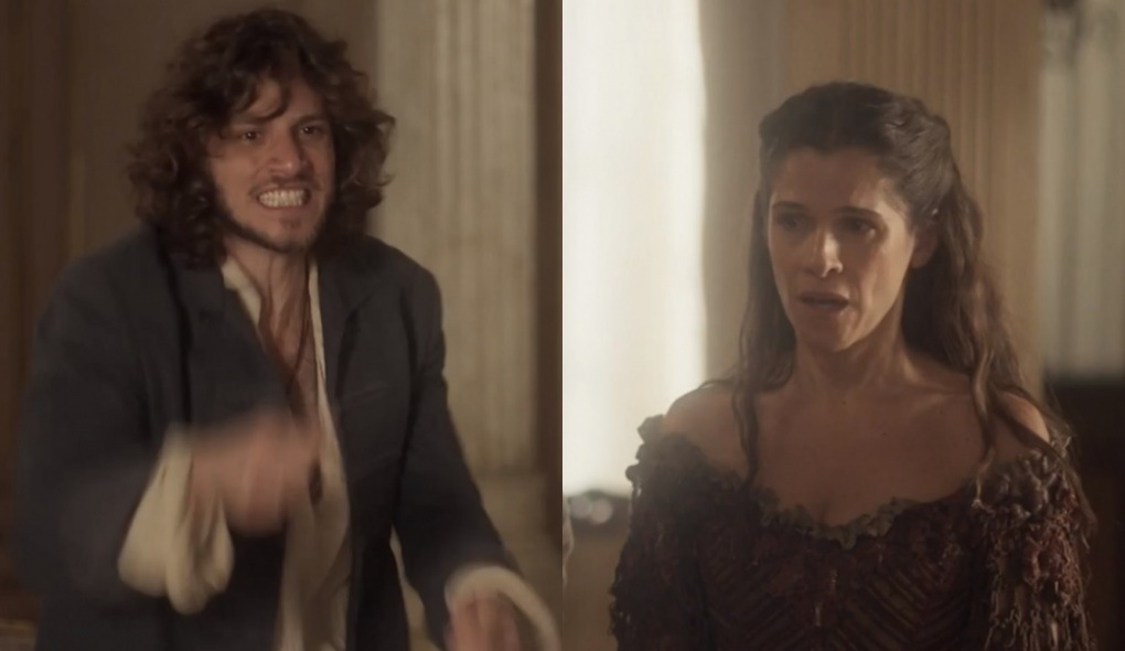 Joaquim (Chay Suede) e Elvira (Ingrid Guimarães) de Novo Mundo