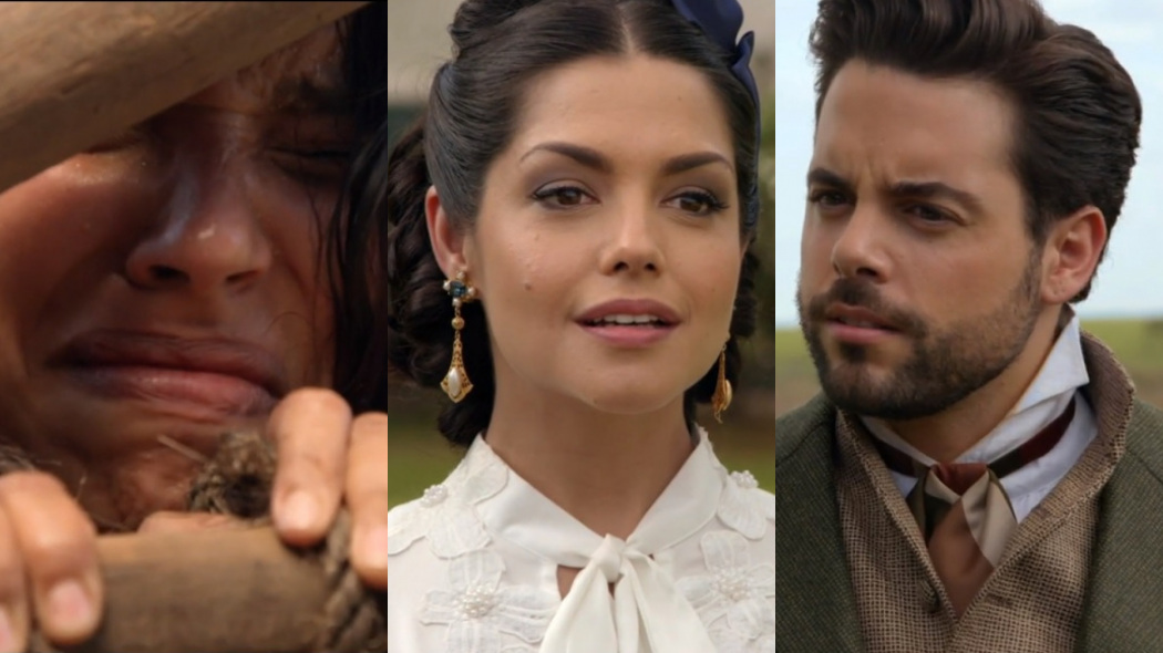 Juliana (Gabriela Moreyra), Maria Isabel (Thaís Fersoza) e Miguel (Pedro Carvalho) de Escrava Mãe
