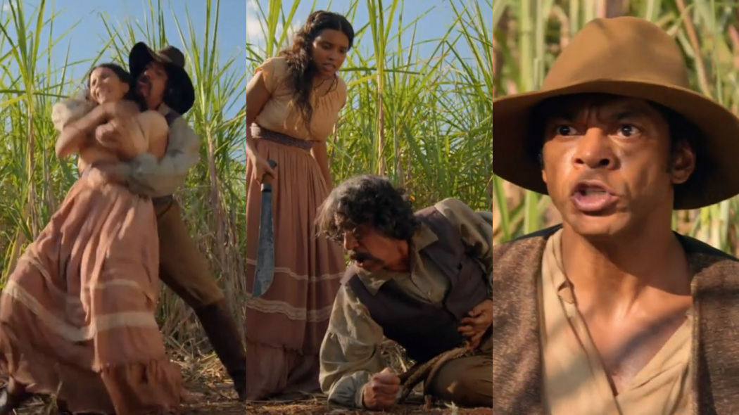 Juliana (Gabriela Moreyra), Zé Leão (Marcello Scorel) e Tito Pardo (Nill Marcondes) de Escrava Mãe