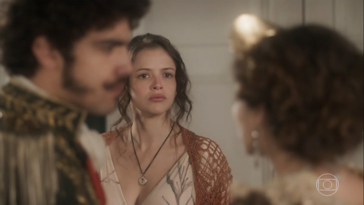 Pedro (Caio Castro), Leopoldina (Letícia Colin) e Domitila (Agatha Moreira) em Novo Mundo