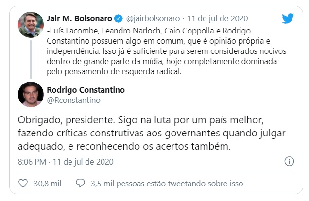 Rodrigo Constantino respondeu comentário de Jair Bolsonaro