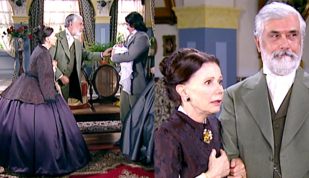 Sebastião (Paulo Figueiredo) e Gioconda (Mirian Mehler) de A Escrava Isaura