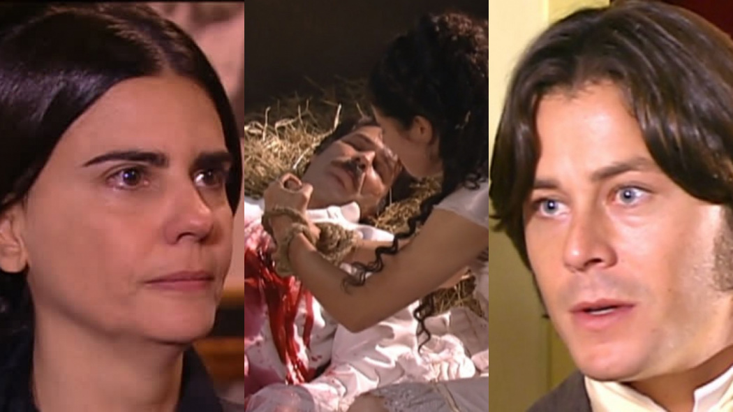 Tomásia (Mayara Magri), Leôncio (Leopoldo Pacheco), Isaura (Bianca Rinaldi) e Álvaro (Theo Becker) de A Escrava Isaura