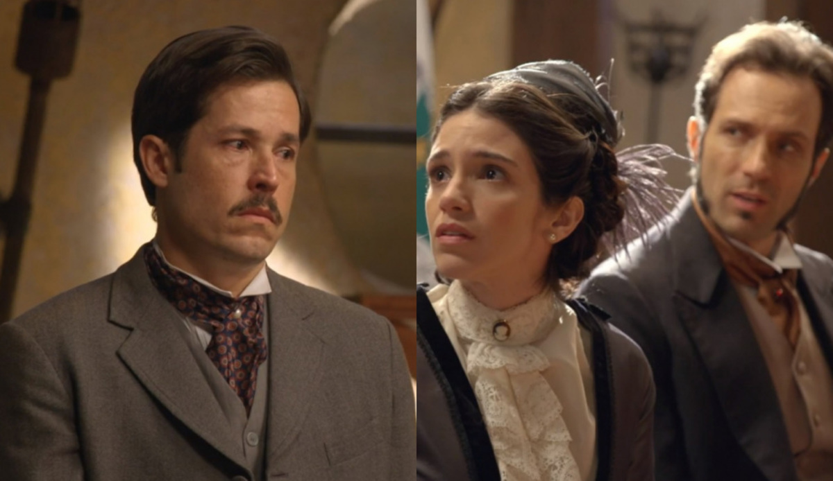 Guilherme (Roger Gobeth), Teresa (Roberta Gualda) e Almeida (Fernando Pavão) de Escrava Mãe