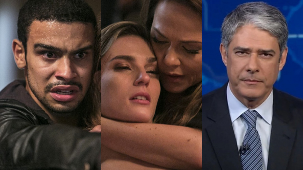 Jacaré (Sérgio Malheiros), Sofia (Priscila Steinman) e Lili (Vivianne Pasmanter) de Totalmente Demais, e William Bonner no Jornal Nacional