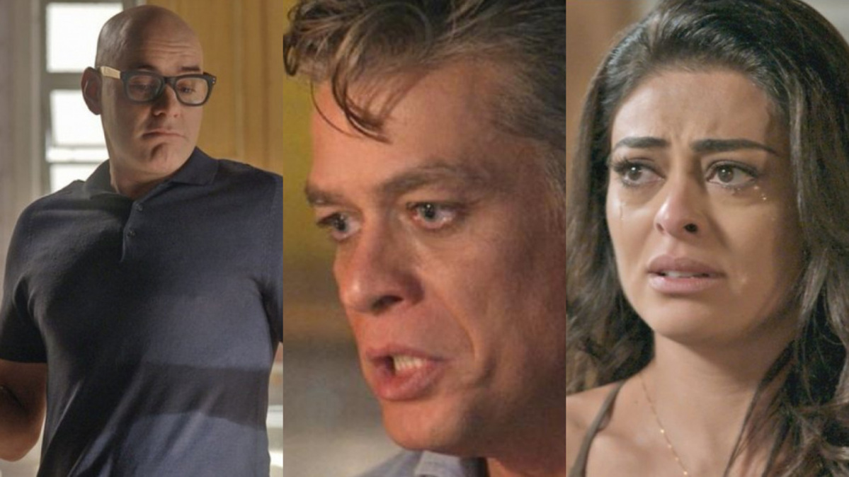 Pietro (Marat Descartes), Arthur (Fábio Assunção) e Carolina (Juliana Paes) de Totalmente Demais