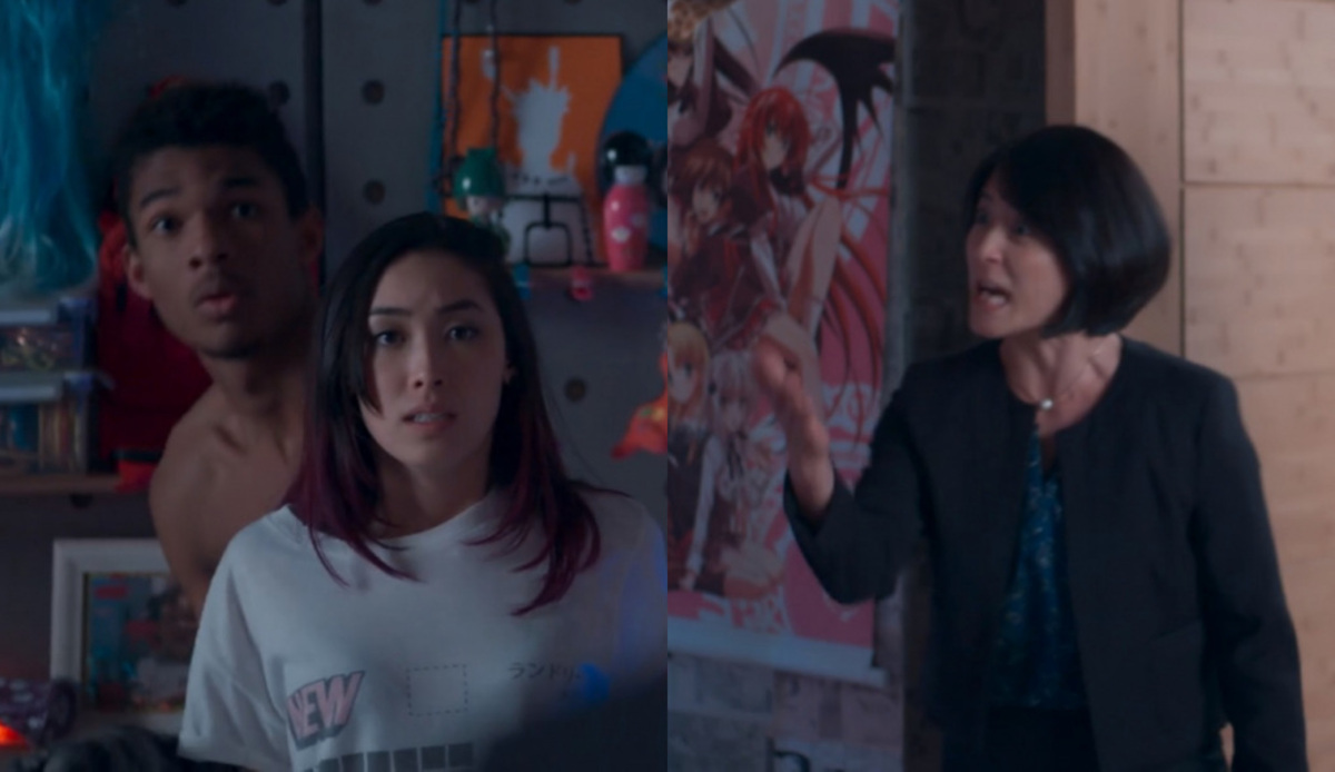 Tina (Ana Hikari), Anderson (Juan Paiva) e Mitsuko (Lina Agifu) de Malhação - Viva a Diferença