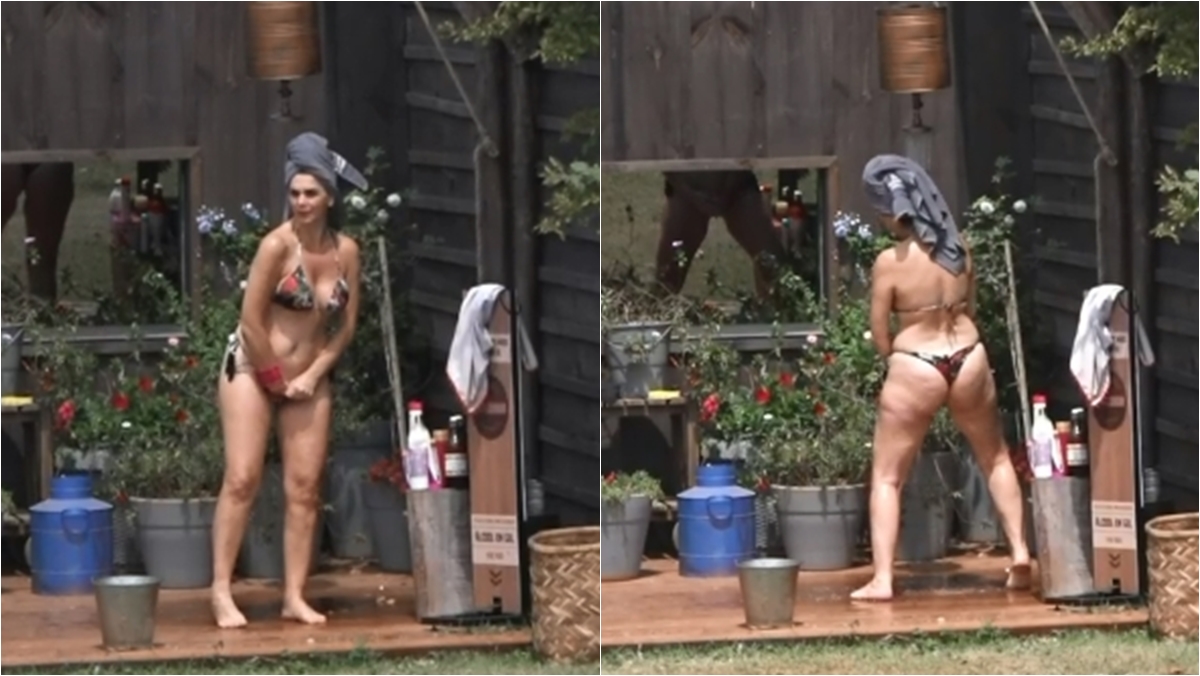 Luiza Ambiel toma banho ao ar livre (Reprodução: PlayPlus)
