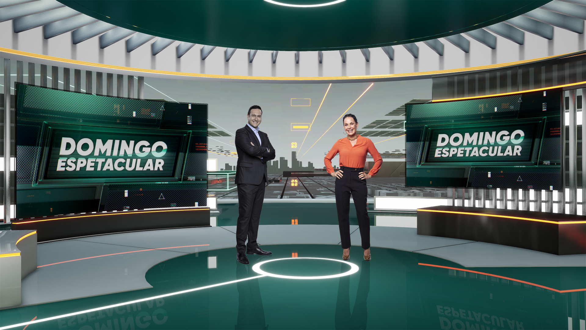 Carolina Ferraz e Eduardo Ribeiro apresentam o Domingo Espetacular