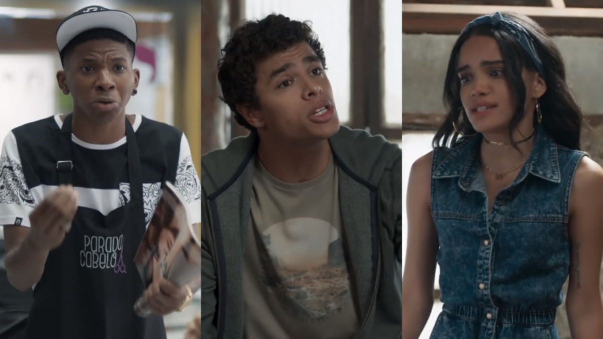 Fio (Lucas Penteado), Tato (Matheus Abreu) e K2 (Carol Macedo) de Malhação - Viva a Diferença