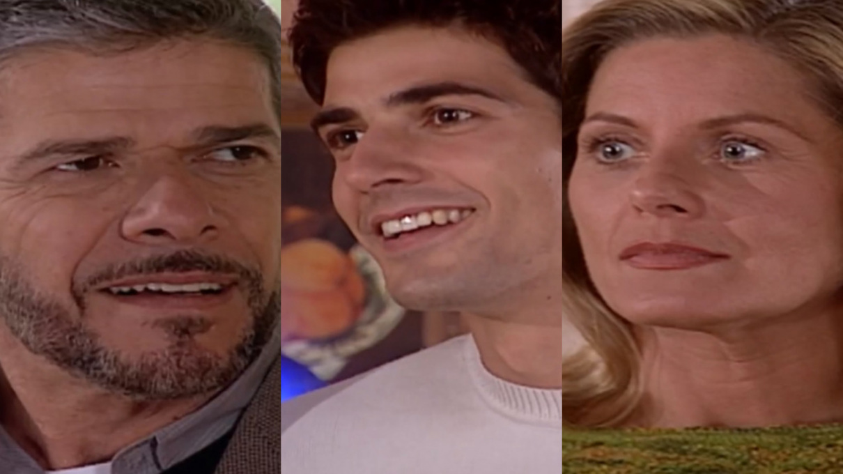 Pedro (José Mayer), Edu (Reynaldo Gianecchini) e Helena (Vera Fischer) de Laços de Família