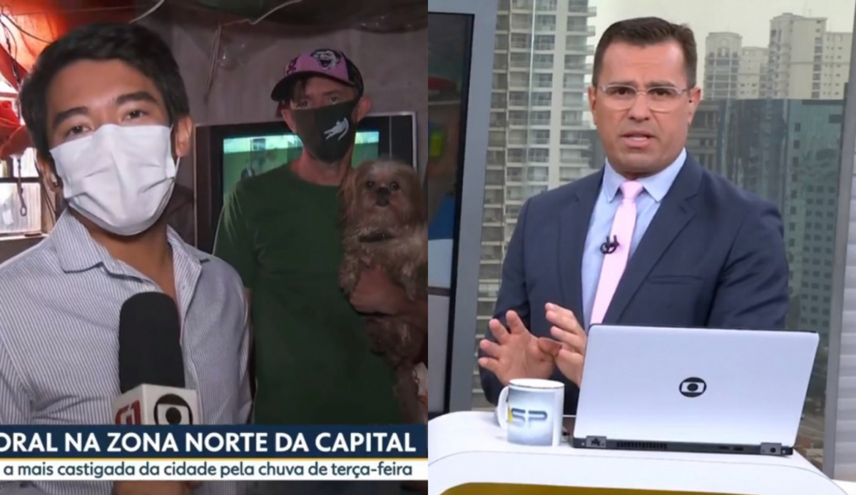 Repórter Rafael Ihara com o entrevistado Luiz e Rodrigo Bocardi no Bom Dia SP