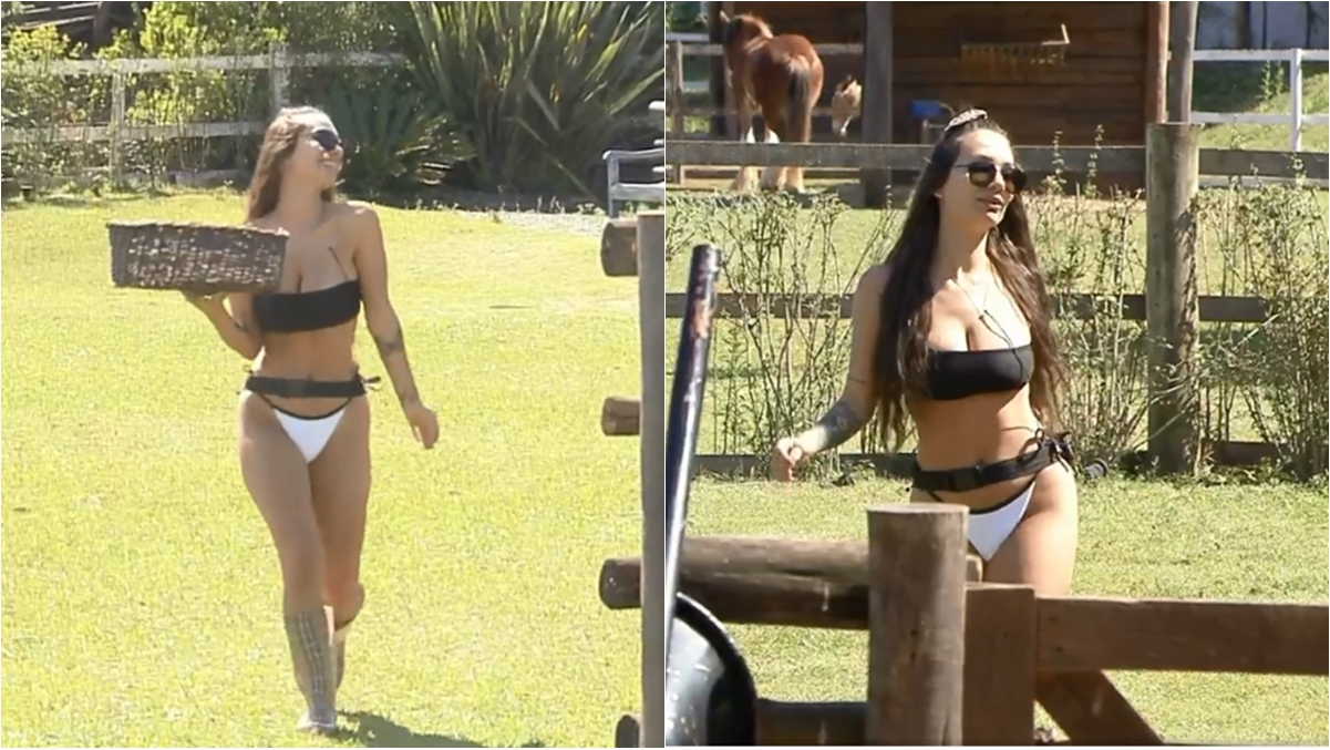 Stéfani Bays trabalha só de biquíni em A Fazenda 12 (Reprodução: PlayPlus)