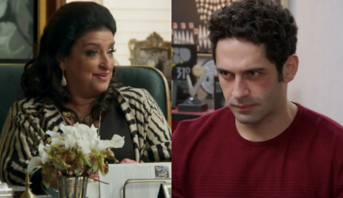 Teodora (Grace Gianoukas) e Beto (João Baldasserini) de Haja Coração