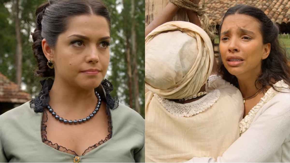 Maria Isabel chicoteia tia Joaquina no tronco (Reprodução: Record TV)