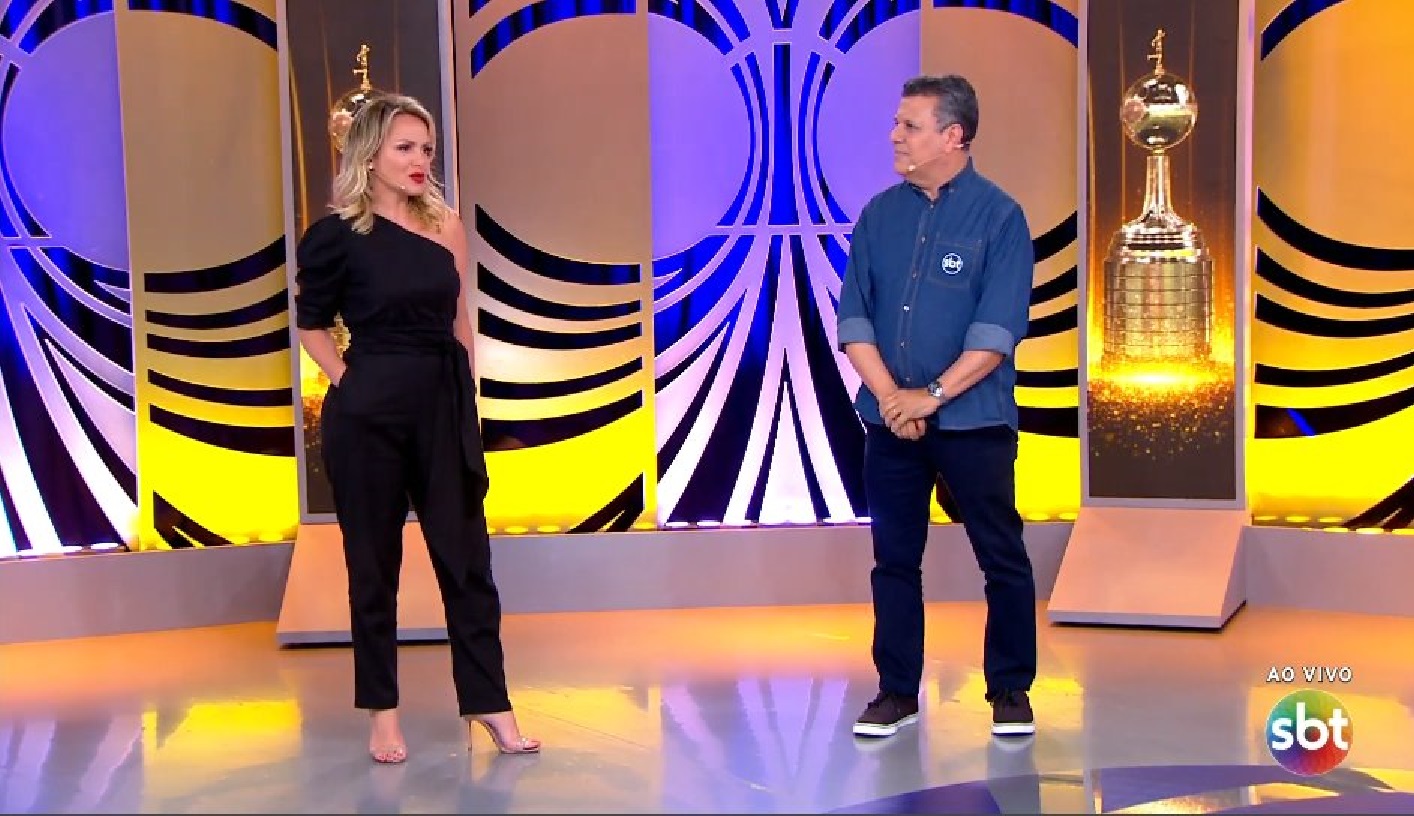 Eliana e Teo José durante cobertura da Libertadores (Reprodução / Twitter)