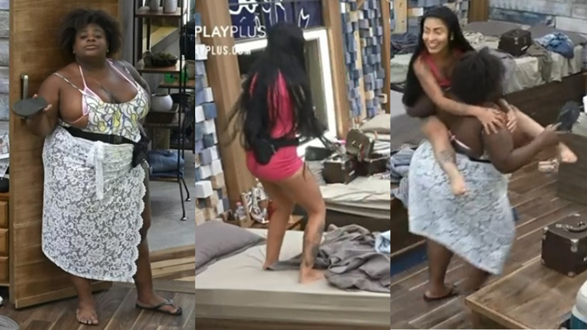 Jojo Todynho tira Mirella do quarto na base da chinelada (Reprodução: PlayPlus)