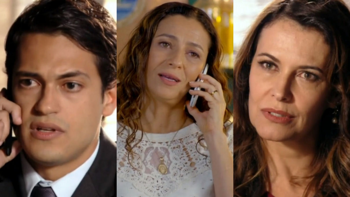 Hélio (Raphael Vianna), Bibiana (Cyria Coentro) e Yvete (Patrícia Naves) de Flor do Caribe