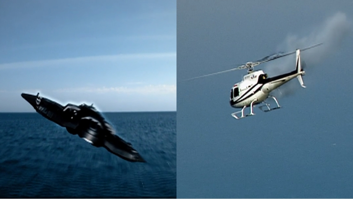 Reptilianos atacam helicóptero com Marcelo, Beto, Antônio e Hiromi (Reprodução: Record TV)
