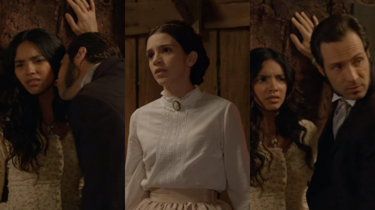Juliana (Gabriela Moreyra), Almeida (Fernando Pavão) e Teresa (Roberta Gualda) de Escrava Mãe