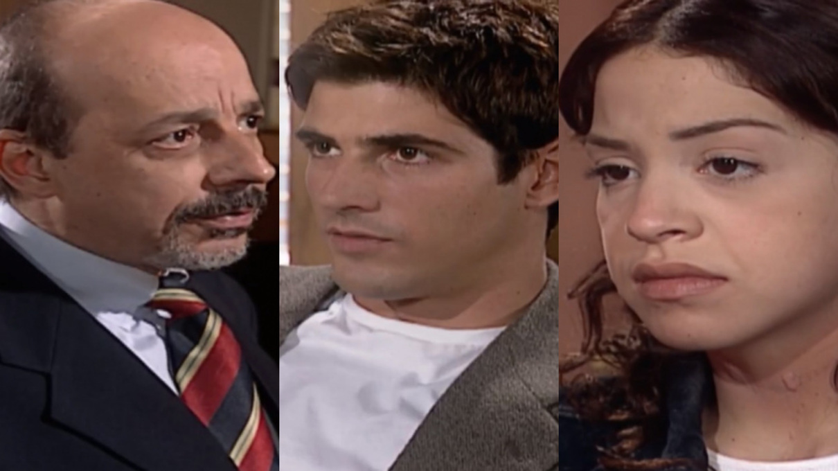 Silveira, Edu (Reynaldo Gianecchini) e Estela (Júlia Almeida) de Laços de Família