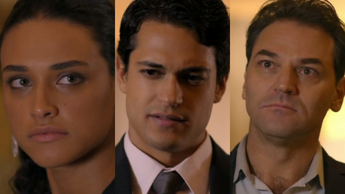 Taís (Débora Nascimento), Hélio (Raphael Vianna) e Mantovani (Licurgo Spinola) de Flor do Caribe