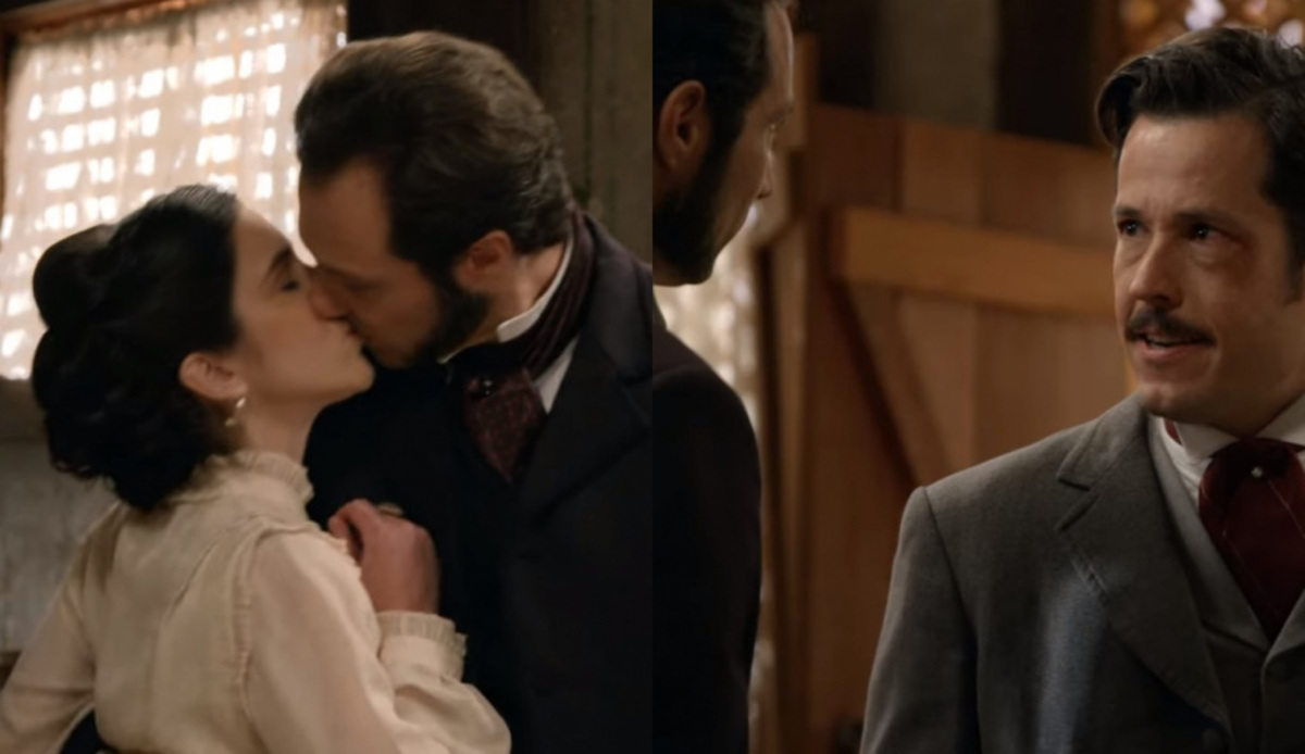 Teresa (Roberta Gualda), Almeida (Fernando Pavão) e Guilherme (Roger Gobeh) de Escrava Mãe
