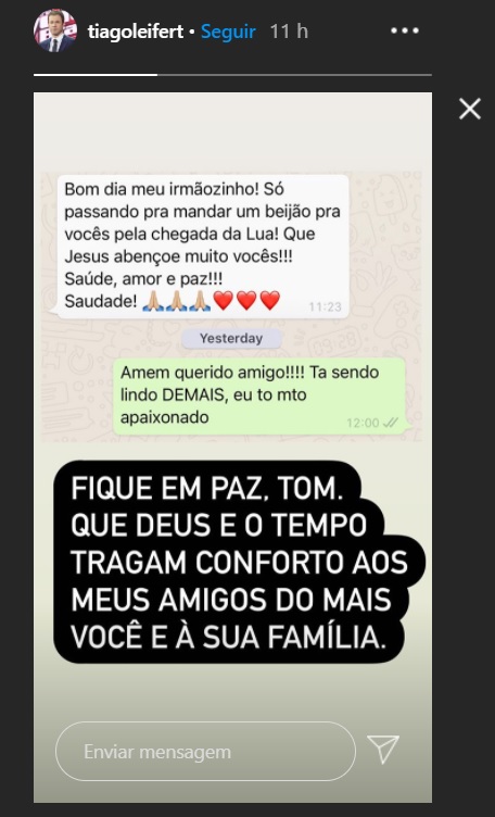 Tiago Leifert compartilhou mensagem que recebeu de Tom Veiga