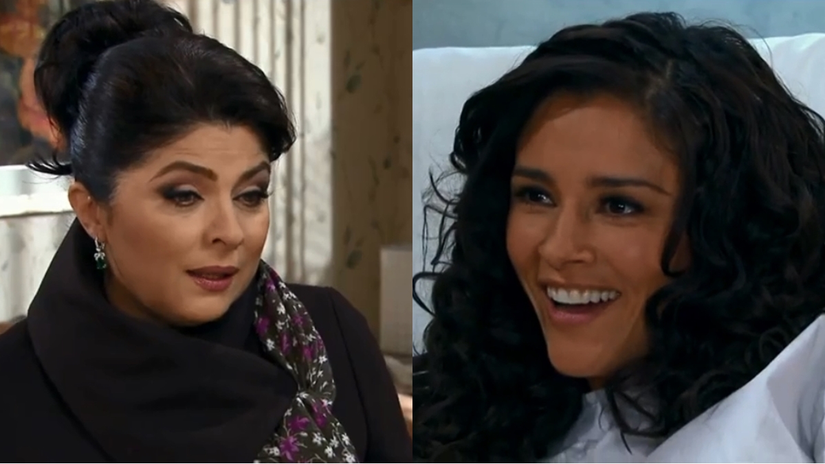 Vitória conhece Linda, a amante do seu marido (Reprodução: Televisa S.A.)