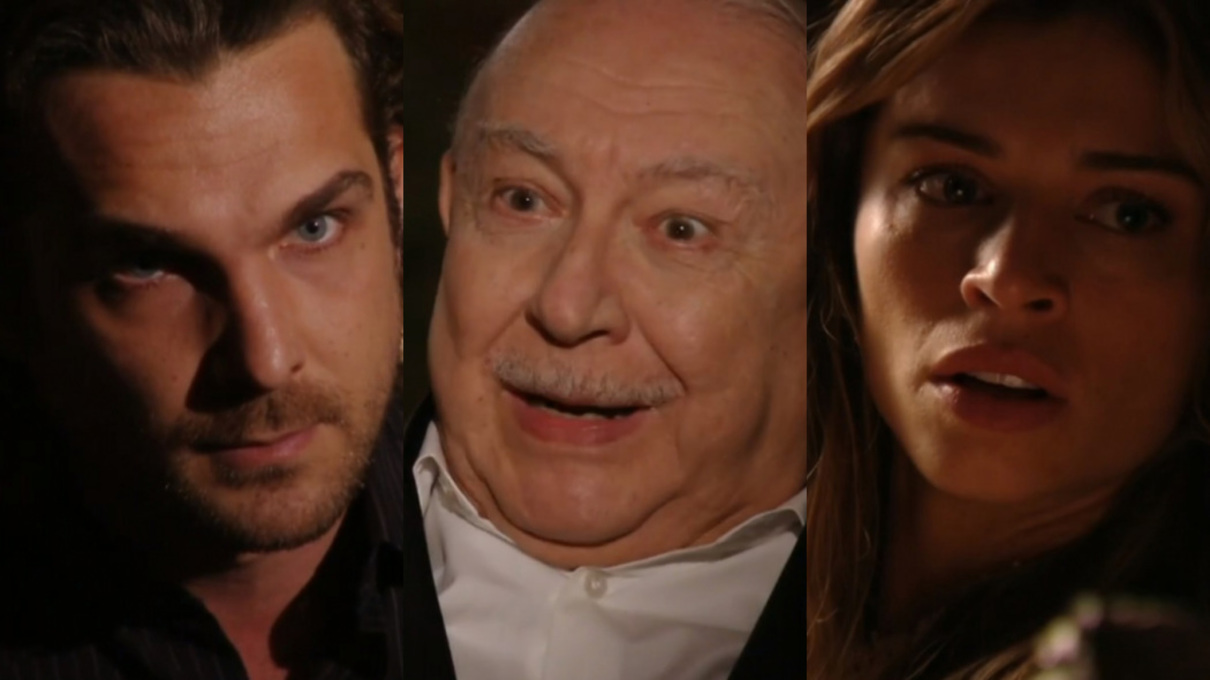 Alberto (Igor Rickli), Dionísio (Sérgio Mamberti) e Ester (Grazi Massafera) de Flor do Caribe