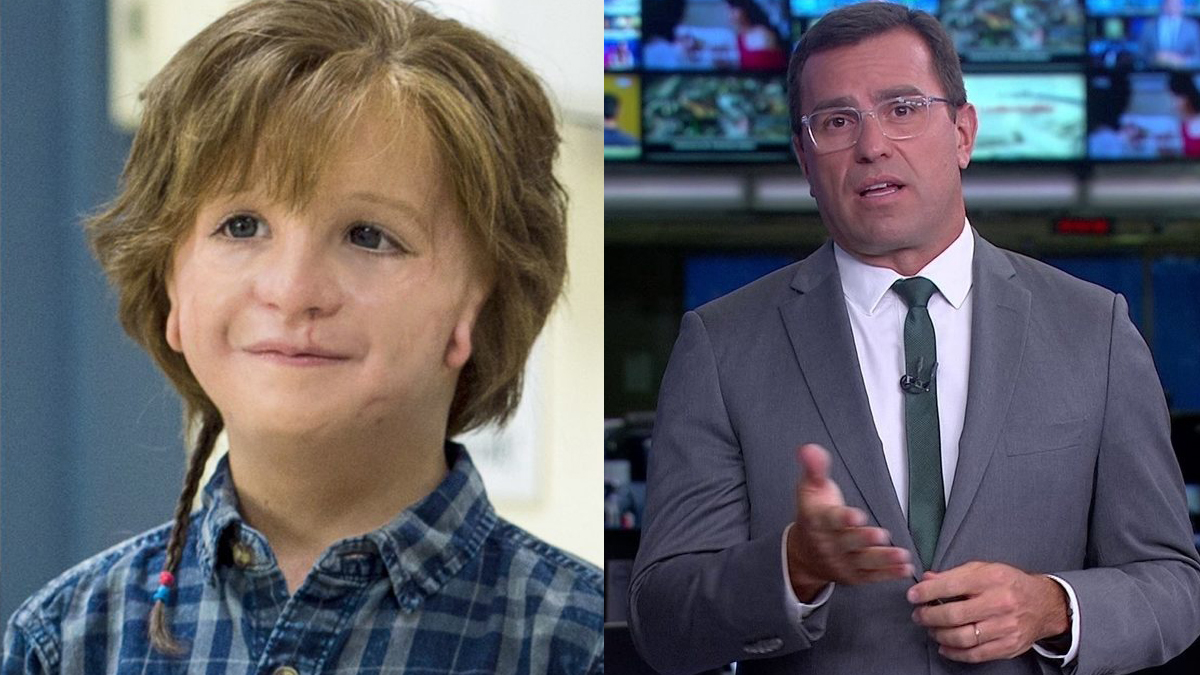 Auggie em Extraordinário e Rodrigo Bocardi no Jornal da Globo