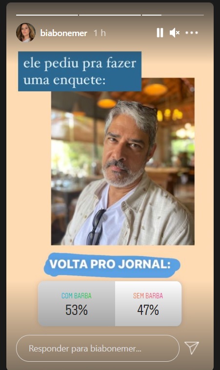 Beatriz Bonemer postou foto de William Bonner e divulgou enquete sobre o pai