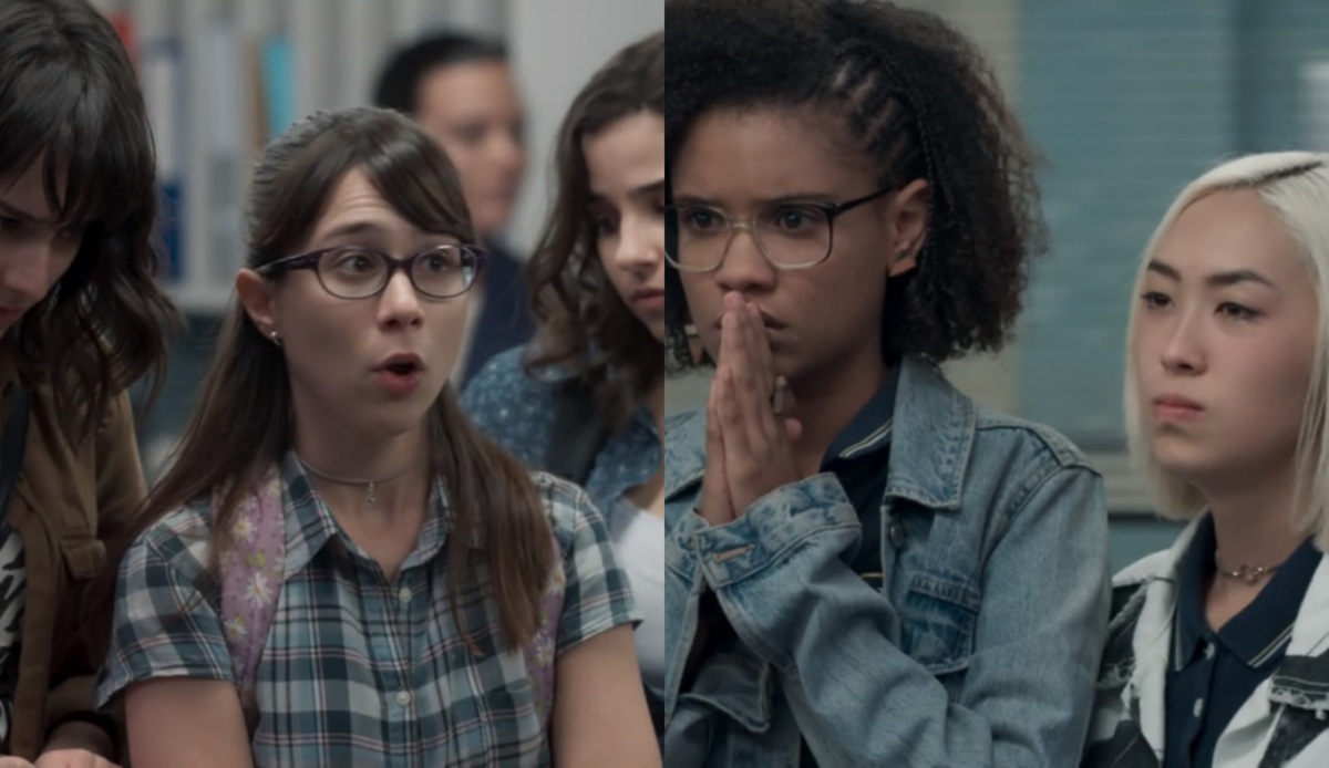 Benê (Daphne Bozaski), Ellen (Heslaine Vieira) e Tina (Ana Hikari) de Malhação Viva a Diferença