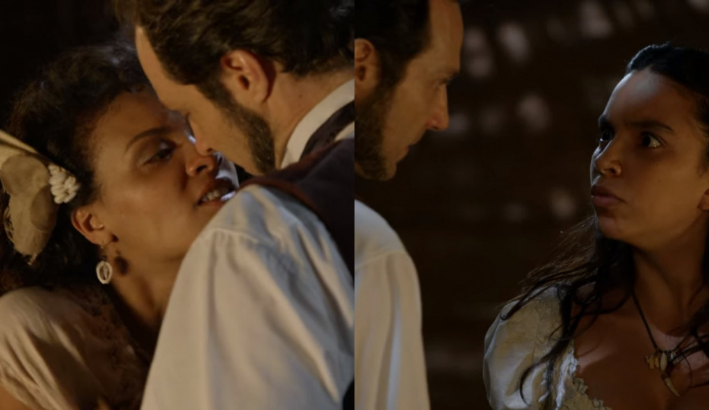 Esméria (Lidi Lisboa), Almeida (Fernando Pavão) e Juliana (Gabriela Moreyra) de Escrava Mãe
