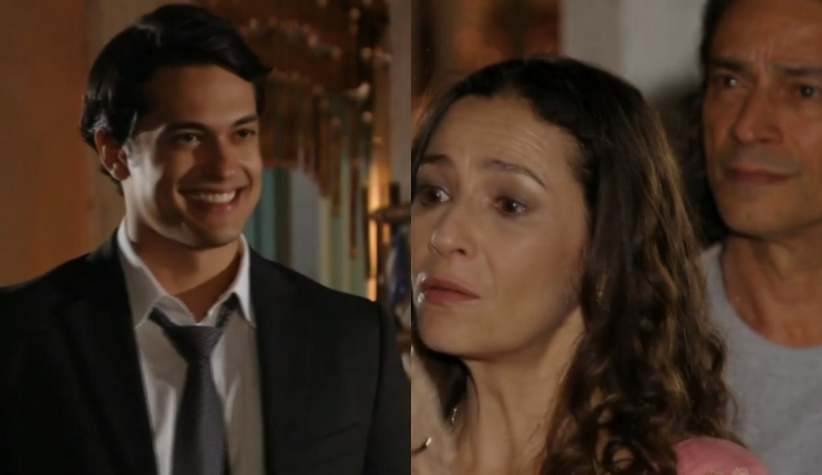 Hélio (Raphael Vianna), Bibiana (Cyria Coentro) e Donato (Luiz Carlos Vasconcelos) de Flor do Caribe