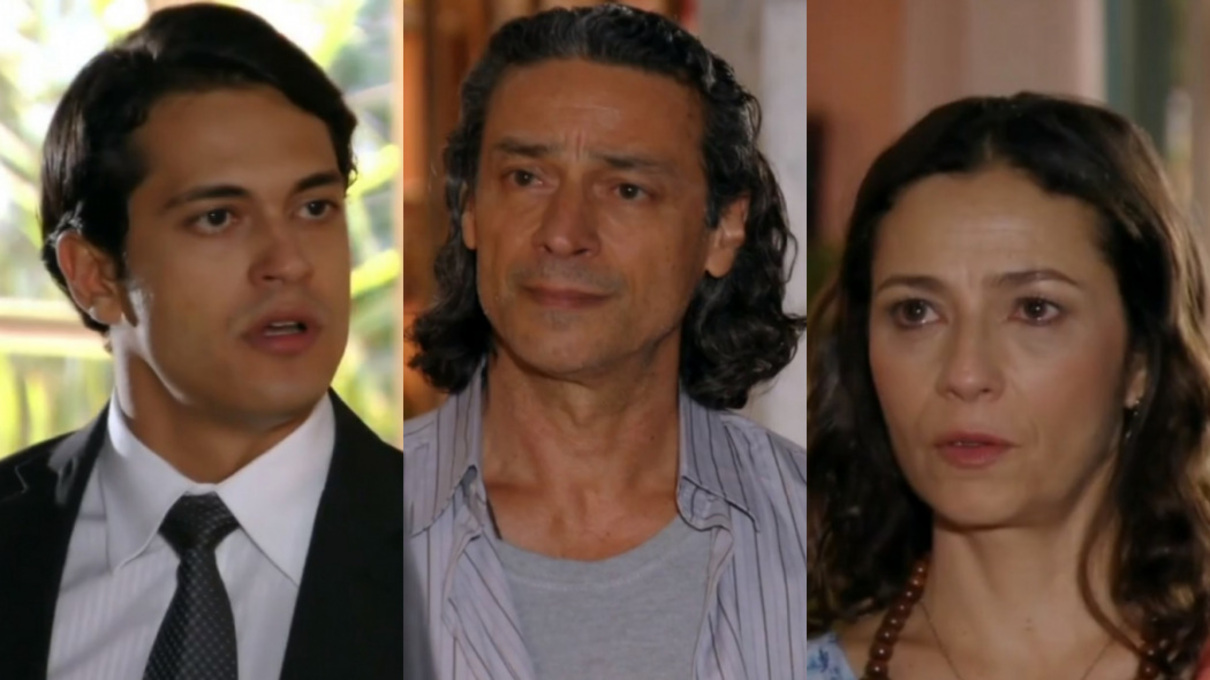 Hélio (Raphael Vianna), Donato (Luiz Carlos Vasconcelos) e Bibiana (Cyria Coentro) de Flor do Caribe