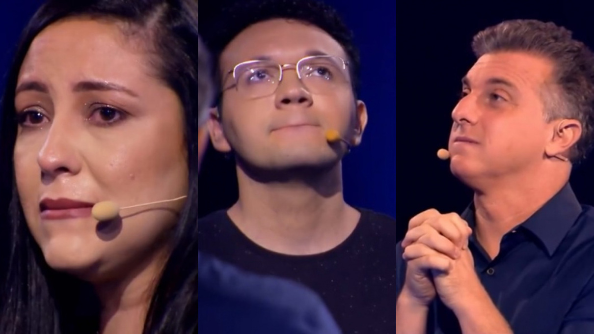 Lilian Duarte, João Matheus Soares e Luciano Huck no The Wall, quadro do Caldeirão