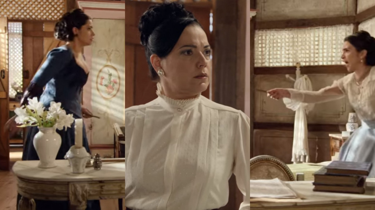 Maria Isabel (Thaís Fersoza), Beatrice (Bete Coelho) e Teresa (Roberta Gualda) de Escrava Mãe