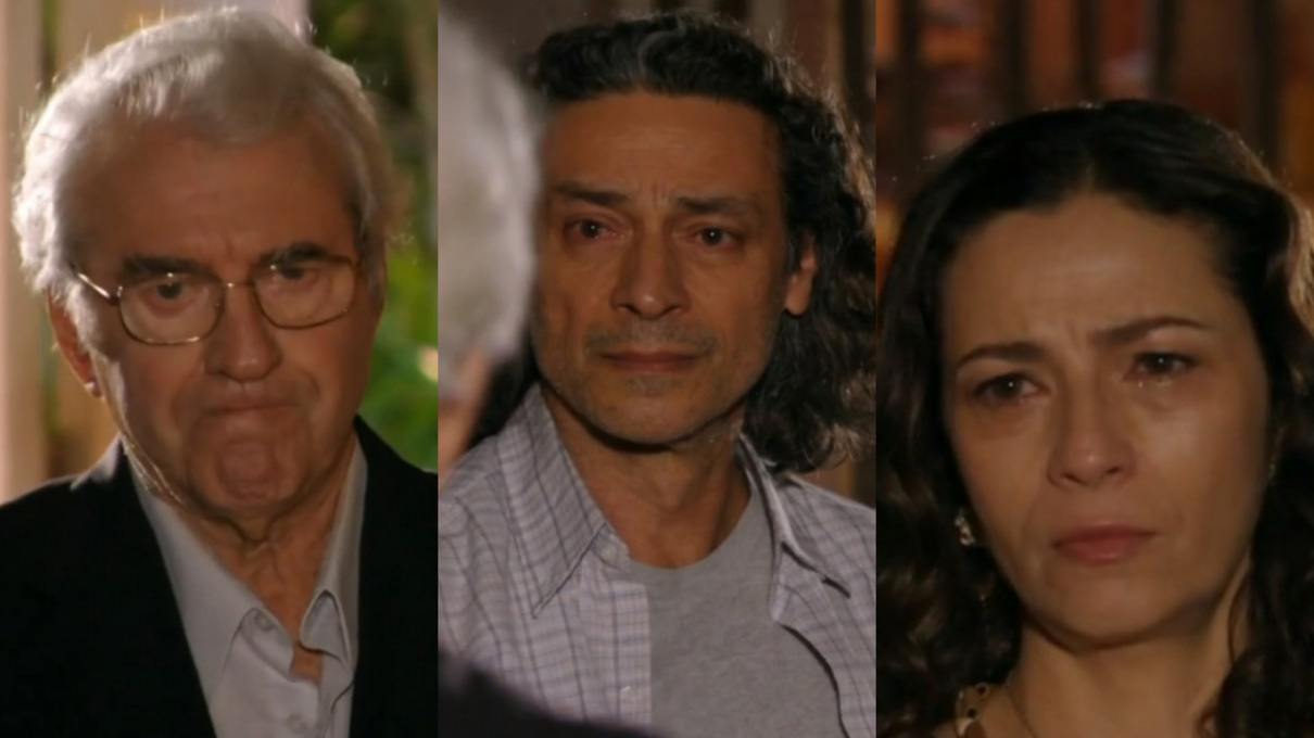 Samuel (Juca de Oliveira), Donato (Luiz Carlos Vasconcelos) e Bibiana (Cyria Coentro) de Flor do Caribe