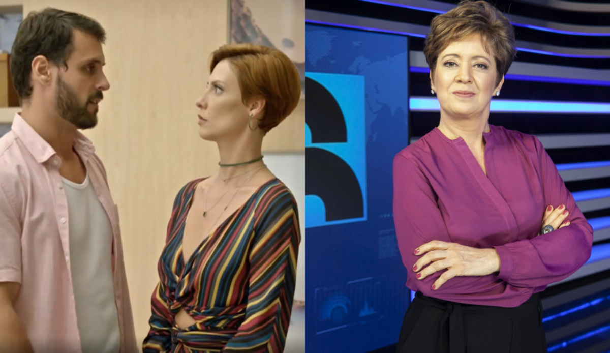 Sophia (Camila Rodrigues) e Antonio (Felipe Cunha) de Topíssima e Chrisna Lemos no Jornal da Record