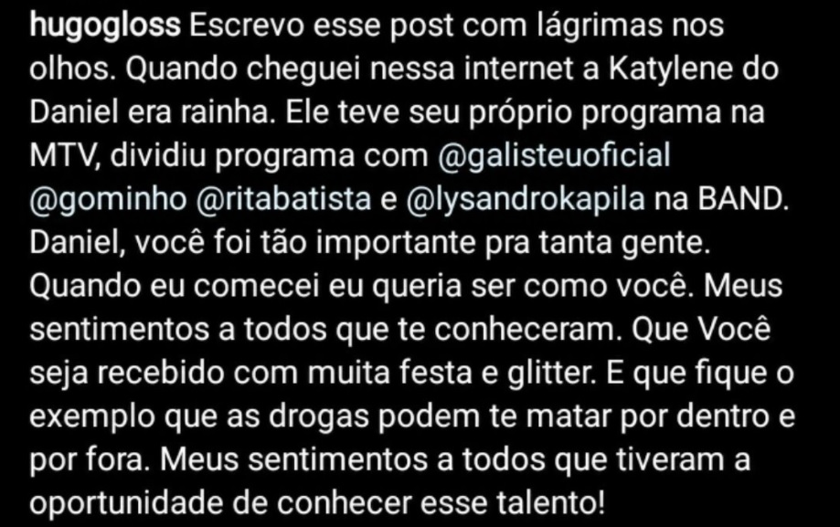 Mensagem de Hugo Gloss sobre a morte de Daniel Carvalho