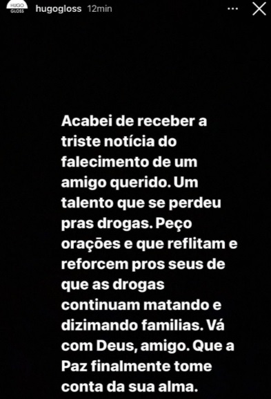 Mensagem de Hugo Gloss sobre a morte de Daniel Carvalho