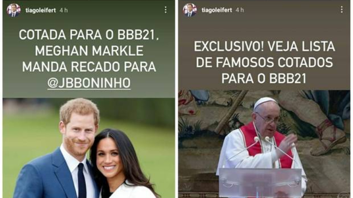 Stories Tiago Leifert com Meghan Markle e Papa Francisco. REPRODUÇÃO JORNAL O TEMPO