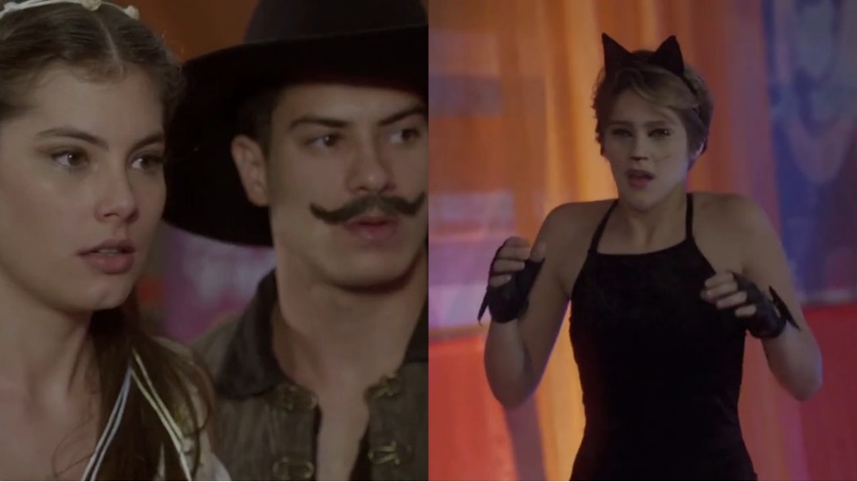 Bianca (Bruna Hamú) e Duca (Arthur Aguiar) são surpreendidos com flagra de Karina (Isabella Santoni) (Foto: Globo)