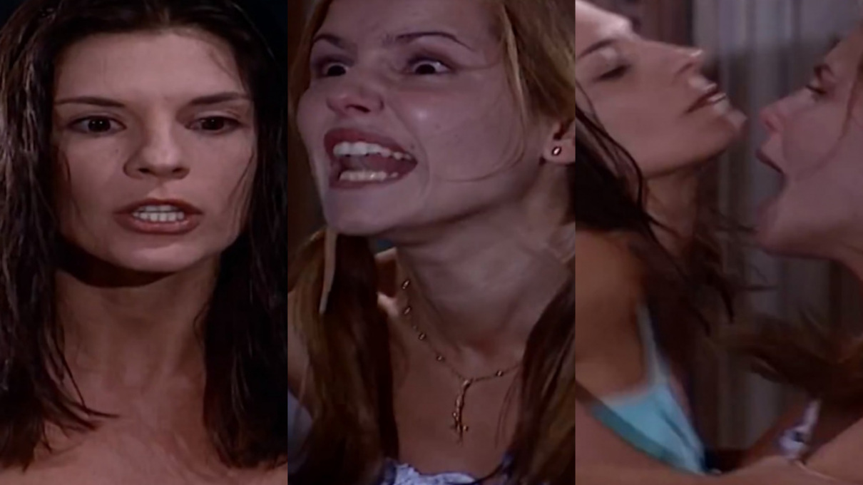 Cíntia (Helena Ranaldi) e Íris (Deborah Secco) de Laços de Família