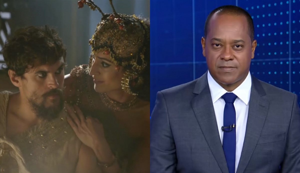Enlila (Maria Joana) e Ibbi-Sim (Felipe Roque) de Gênesis e Luiz Fara Monteiro no Jornal da Record