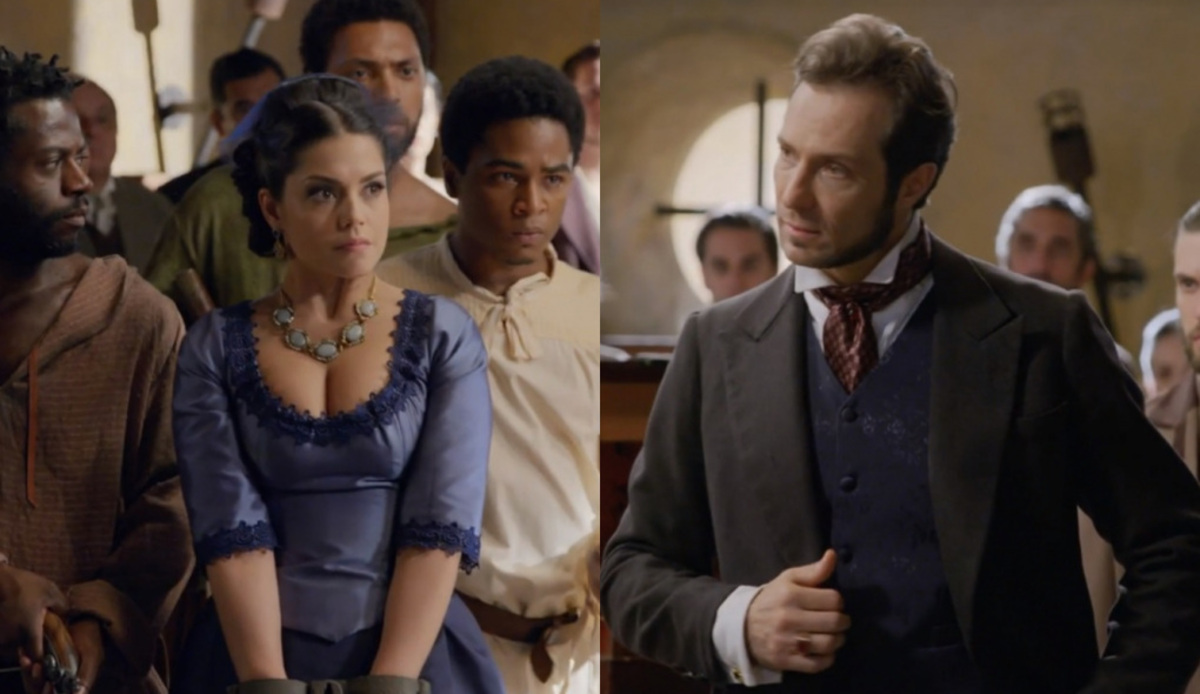 Genésio (Rogério Brito), Sapião (Sidney Santiago), Maria Isabel (Thaís Fersoza) e Almeida (Fernando Pavão) de Escrava Mãe