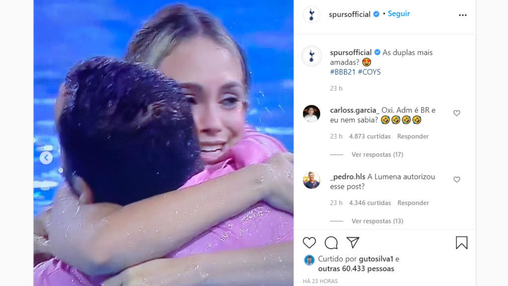 Gilberto e Sarah em publicação do Tottenham