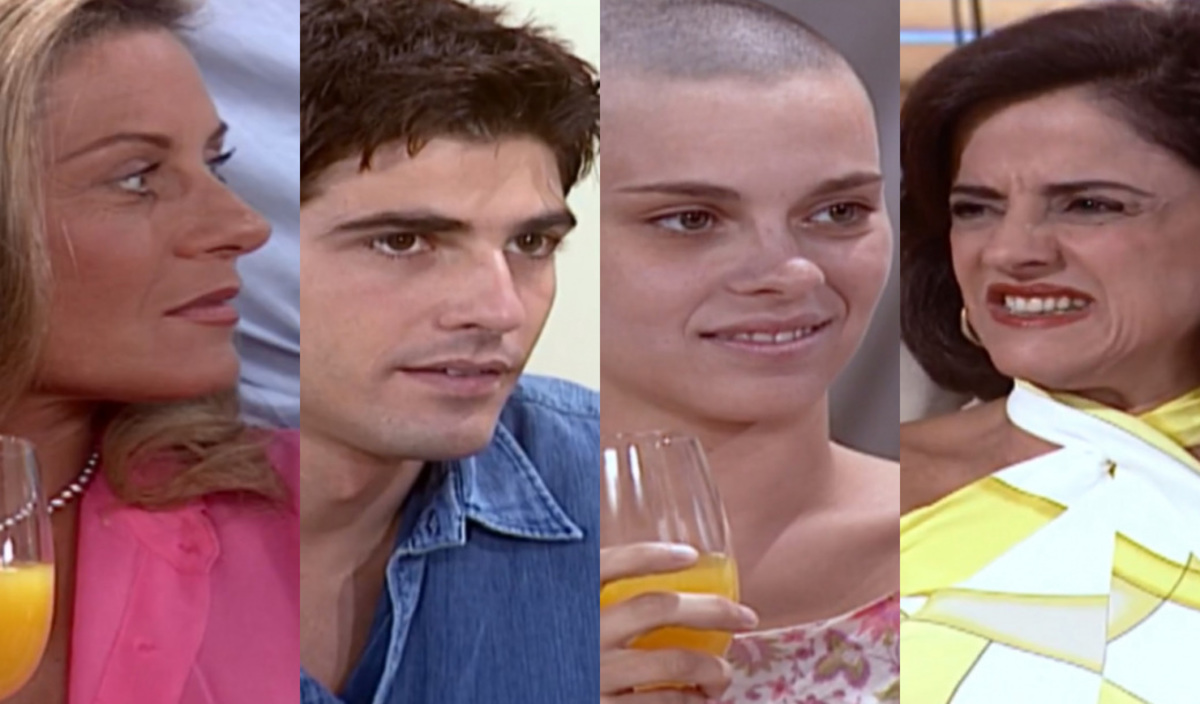 Helena (Vera Fischer), Edu (Reynaldo Gianecchini), Camila (Carolina Dieckmann) e Alma (Marieta Severo) de Laços de Família